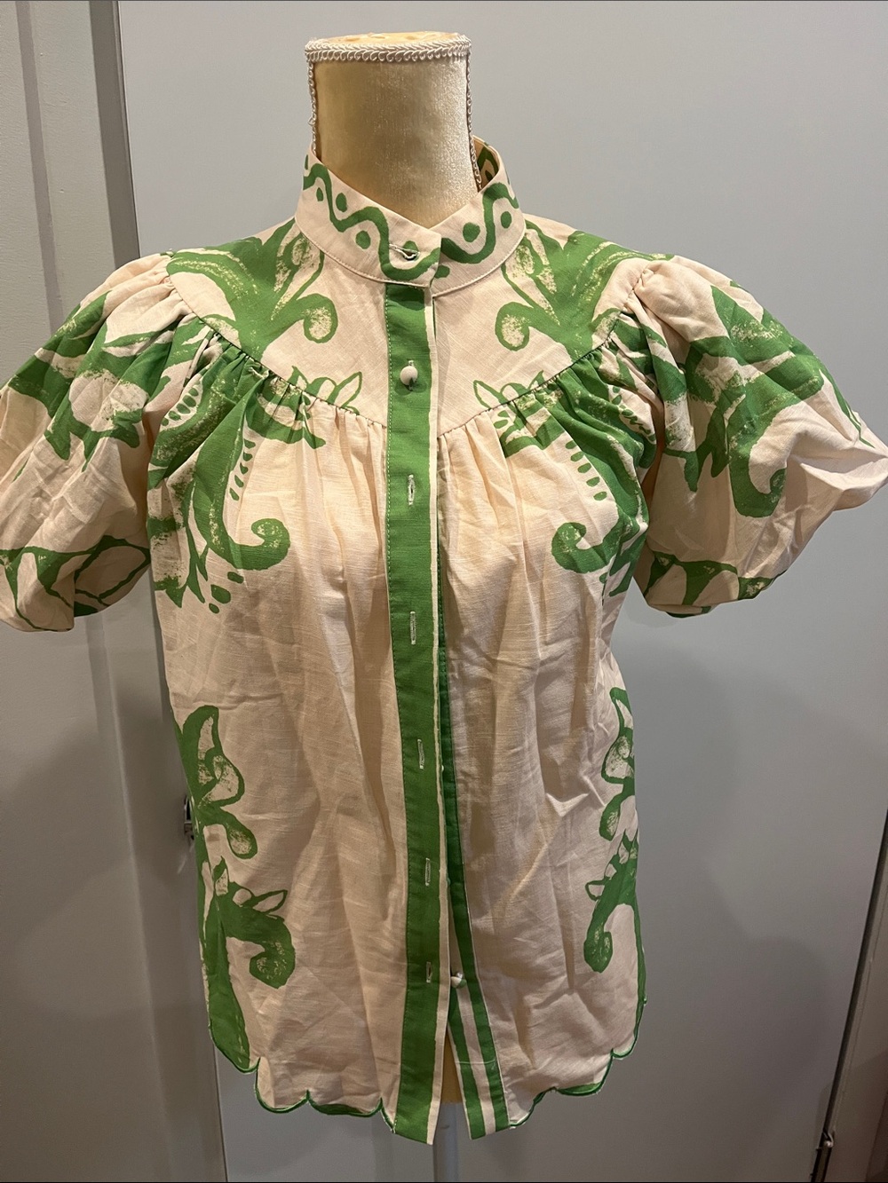 Cream and Green Printed Puff-Sleeve Blouse